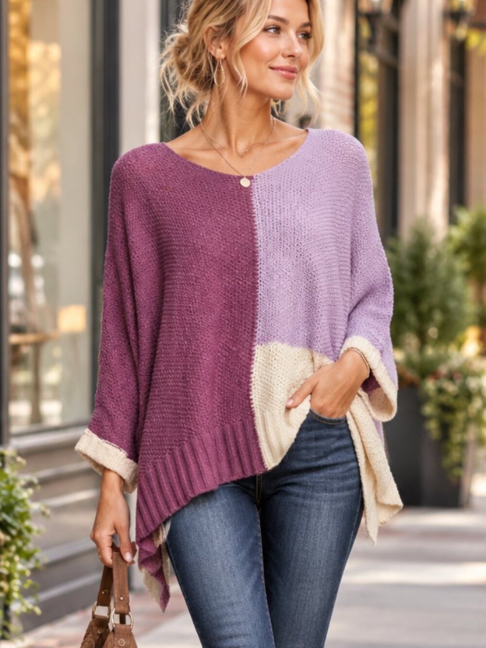 NWT Boho Chic Oversized Colorblock Open Knit Sweater Flowy Boho Tunic Lavender